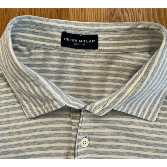 Peter Millar Collection Polo Shirt Men's Large Blue White Stripe Cotton Linen - Picture 2 of 7